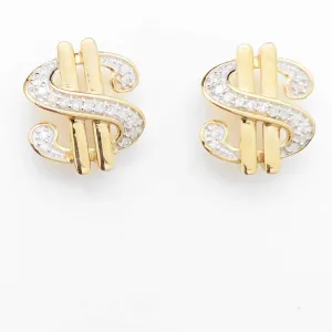 $ Dollar Sign Diamond Earrings .10cttw 10K Yellow Gold