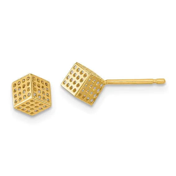 14K Gold 3-D Hollow Cube Post Earrings