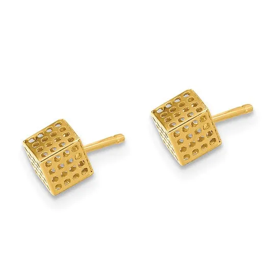 14K Gold 3-D Hollow Cube Post Earrings