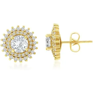 14k Gold-Plated Brass Stud Earrings with 7mm Cubic Zirconia Center Stone