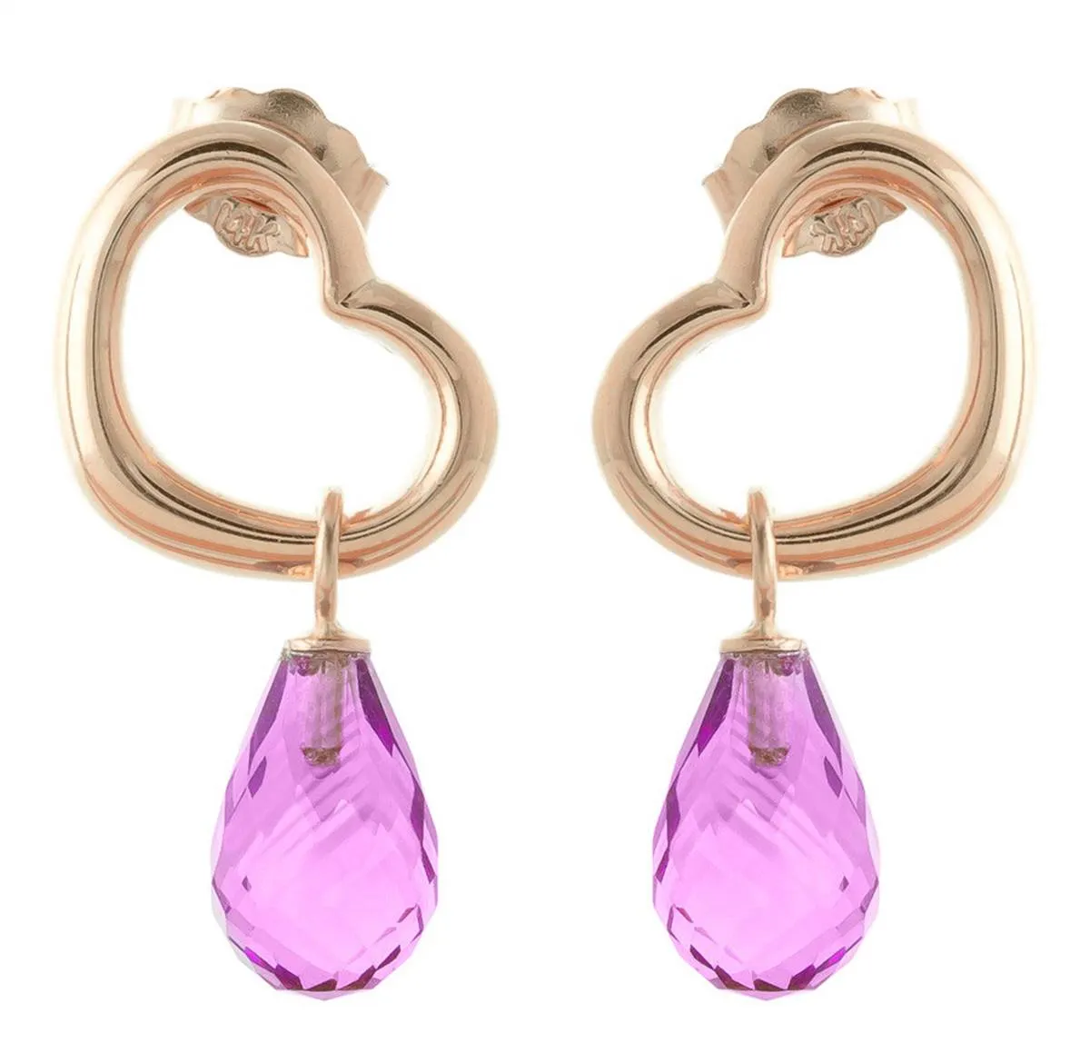 14K Solid Rose Gold Heart Earrings w/ Dangling Natural Pink Topaz