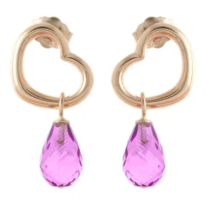 14K Solid Rose Gold Heart Earrings w/ Dangling Natural Pink Topaz