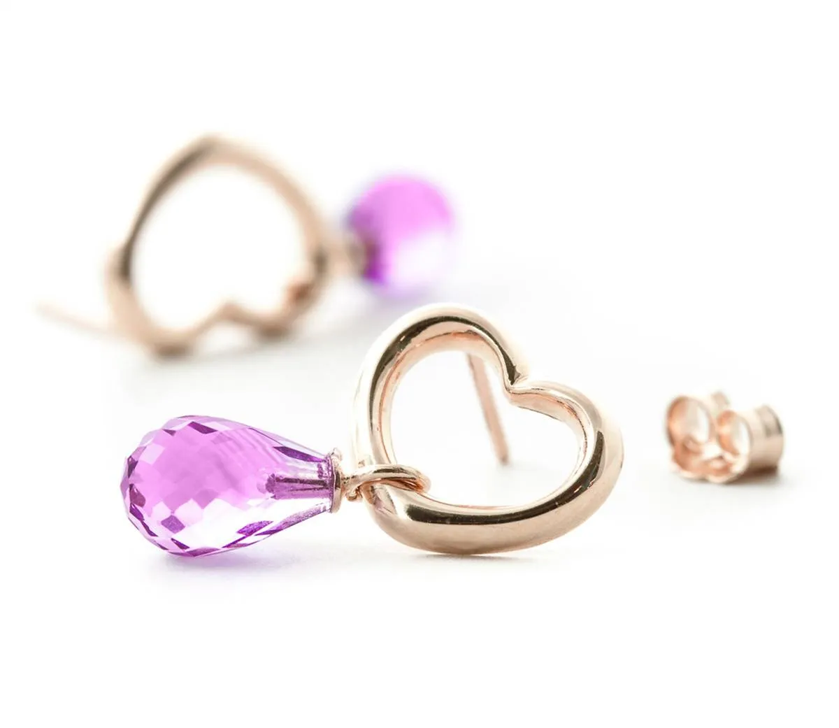 14K Solid Rose Gold Heart Earrings w/ Dangling Natural Pink Topaz