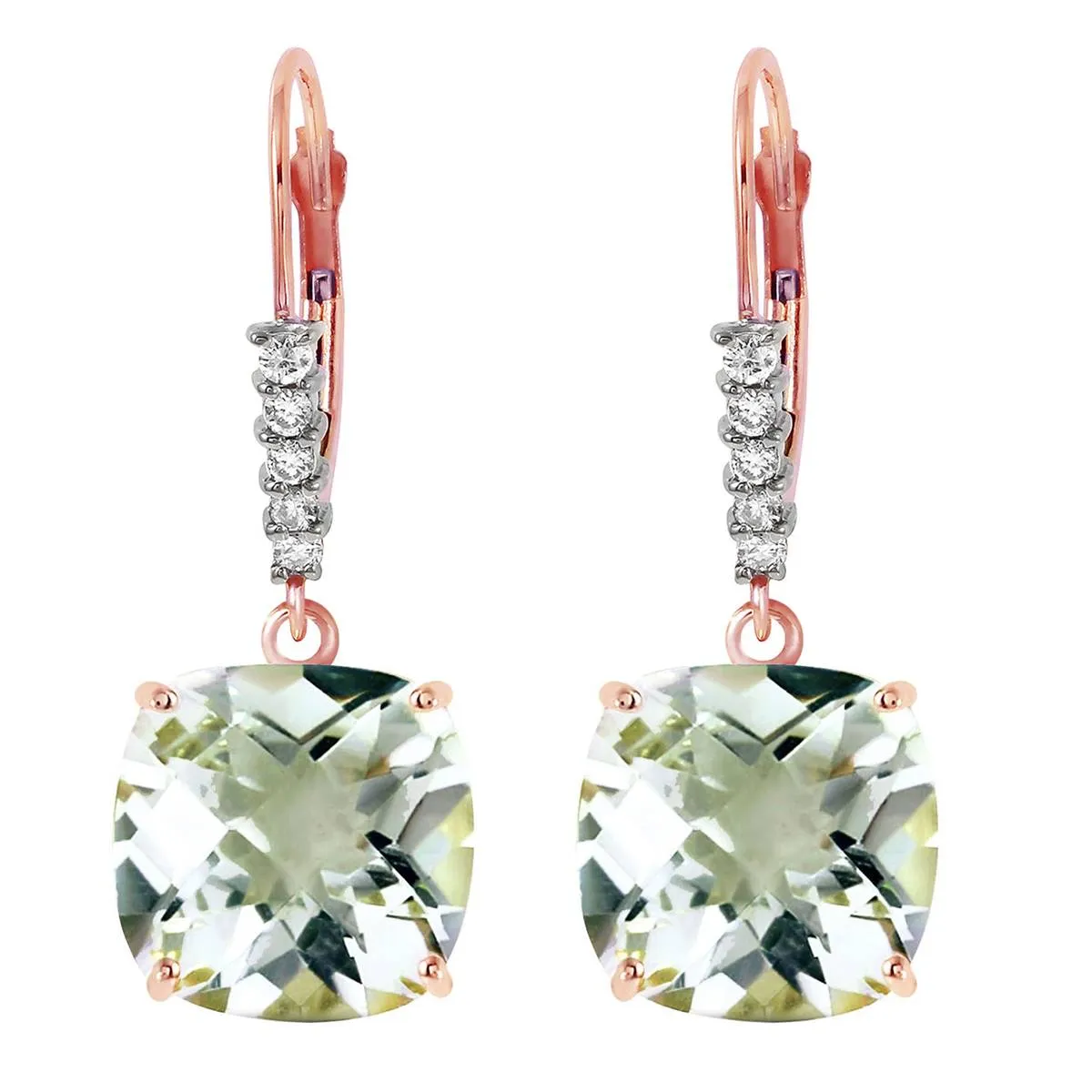 14K Solid Rose Gold Leverback Earrings Diamond & Green Amethyst