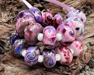 20 Pink Violet Swirl Lampwork Beads Set SRA