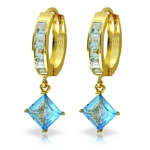 4.4 Carat 14K Solid Yellow Gold Hoop Earrings Dangling Blue Topaz