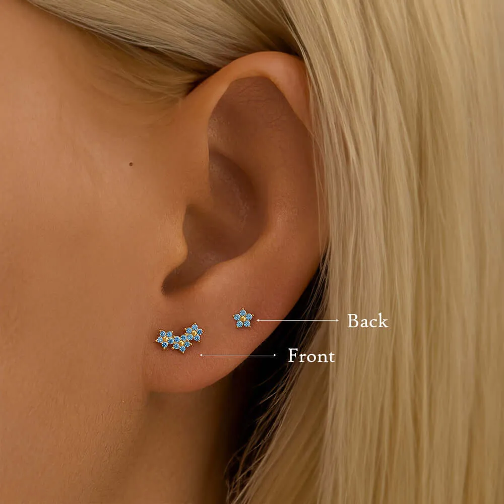 925 Silver Blue Flower CZ Diamond Double Sided Earrings