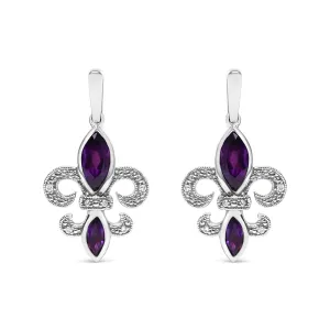 .925 Sterling Silver Marquise Cut Amethyst and Diamond Accent Fleur De Lis Dangle Stud Earrings (H-I Color, SI1-SI2 Clarity)