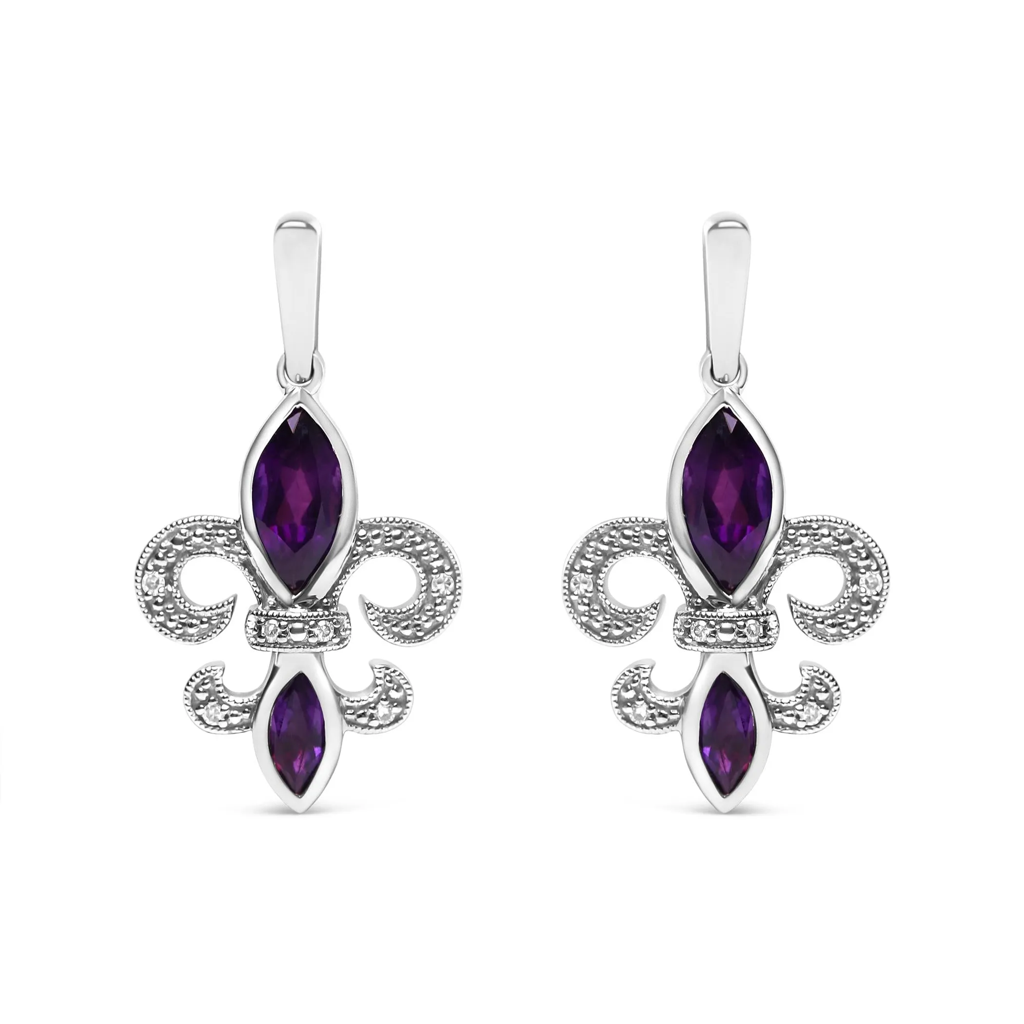 .925 Sterling Silver Marquise Cut Amethyst and Diamond Accent Fleur De Lis Dangle Stud Earrings (H-I Color, SI1-SI2 Clarity)