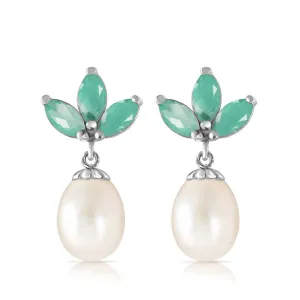 9.5 Carat 14K Solid White Gold Dangling Earrings Pearl Emerald