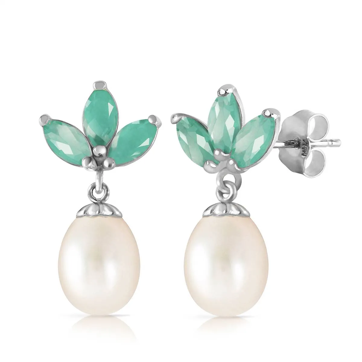 9.5 Carat 14K Solid White Gold Dangling Earrings Pearl Emerald