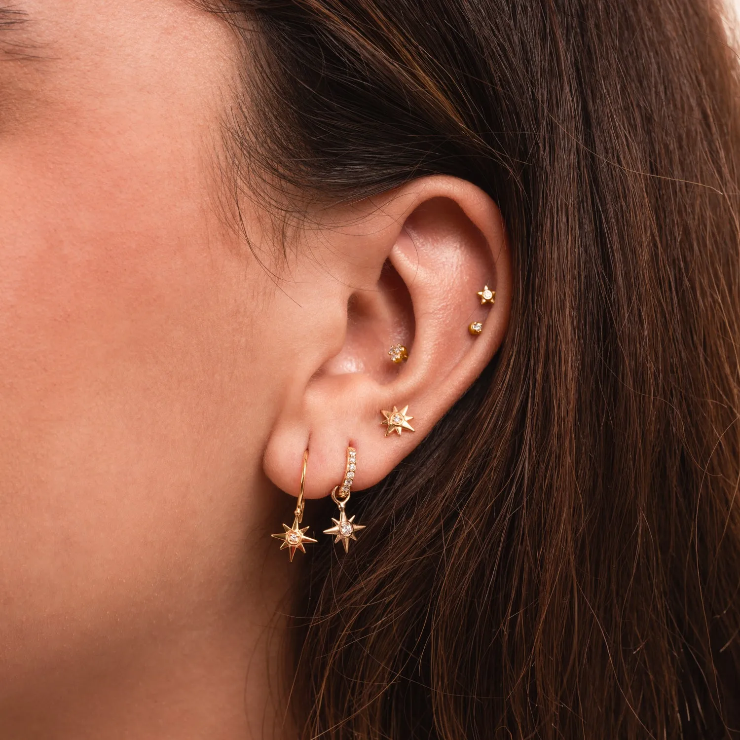 9k Gold & Diamond North Star Ear-Hoop Drops