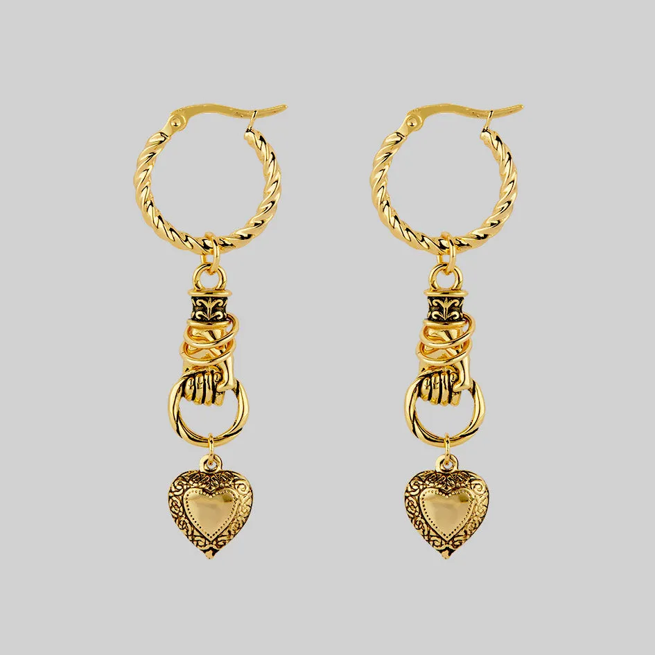 ALL OF ME. Hand Grasping Heart Earrings - Gold