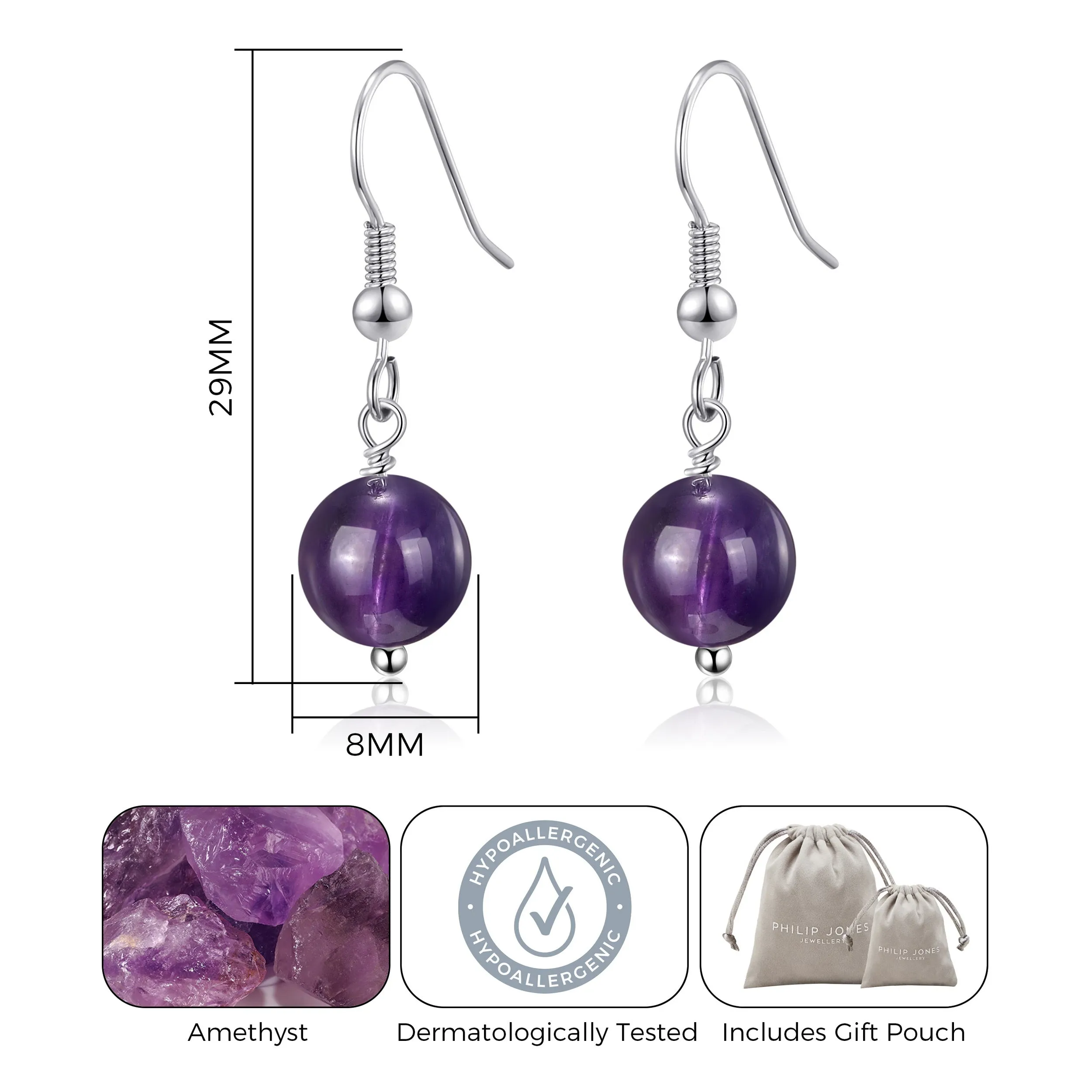 Amethyst Gemstone Round Drop Earrings