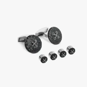 Button cufflinks and shirt studs set with black diamonds in sterling silver