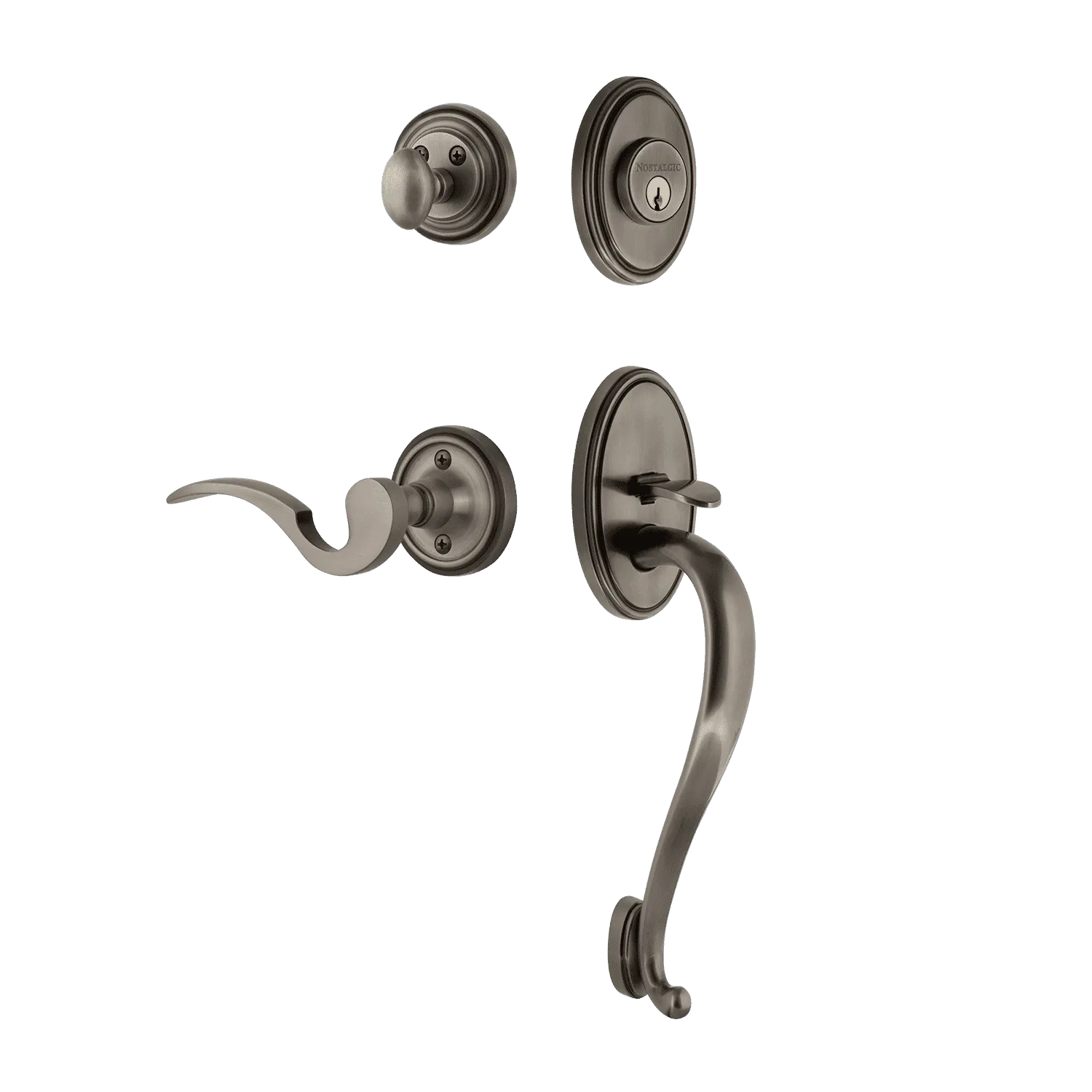 Classic Handleset with S-Grip and Classic Rosette with Manor Lever in Antique Pewter