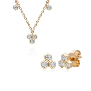 Diamant Trilogie Halskette & Ohrstecker Satz in 9ct Gelb Gold