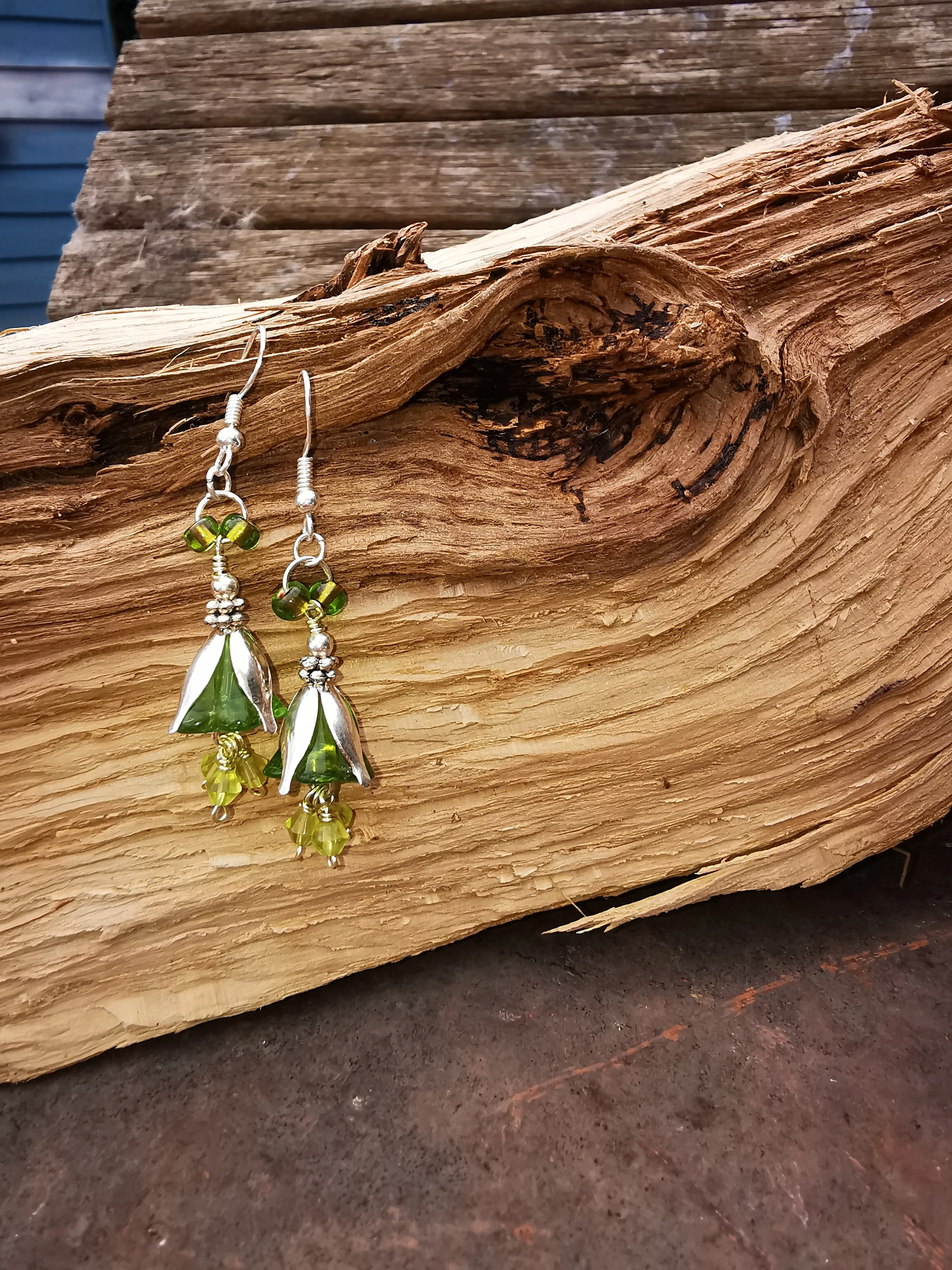 Fairy Dell, gorgeous silver plated  floral drop earrings, green glass beads and 925 silver earewires