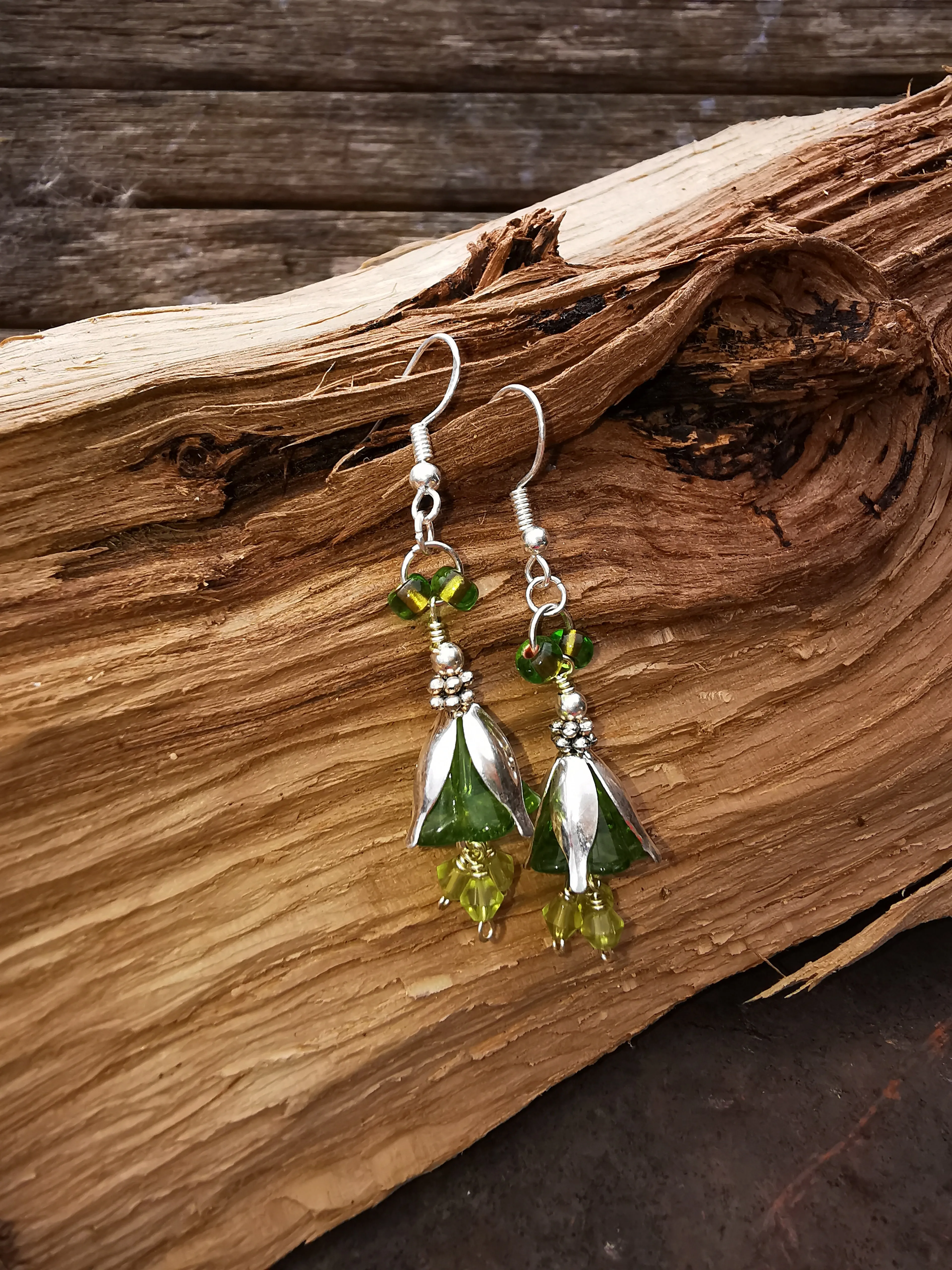 Fairy Dell, gorgeous silver plated  floral drop earrings, green glass beads and 925 silver earewires