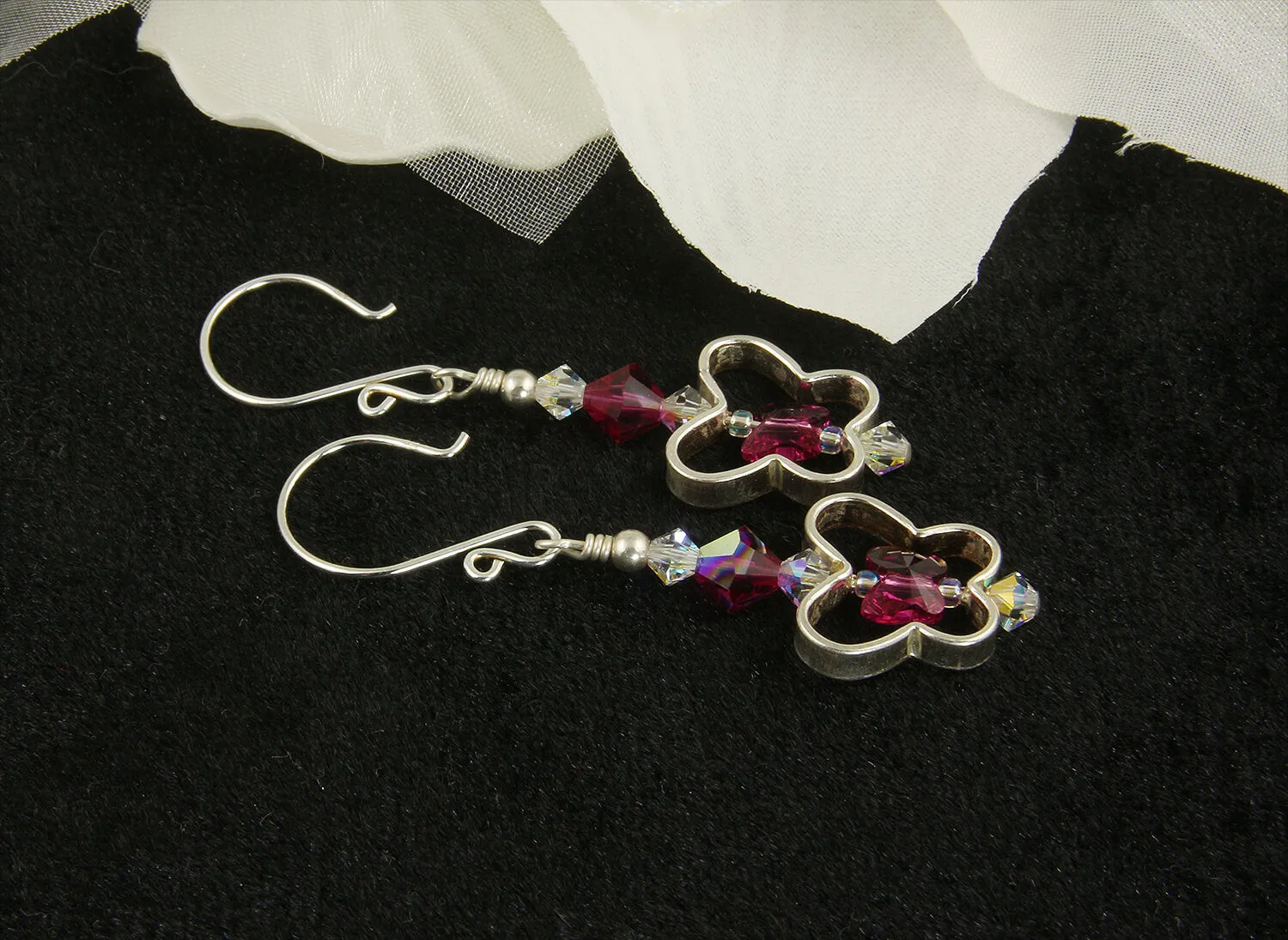 Fuchsia Pink Butterfly Crystal Silver Earrings