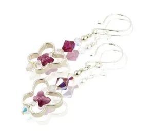 Fuchsia Pink Butterfly Crystal Silver Earrings