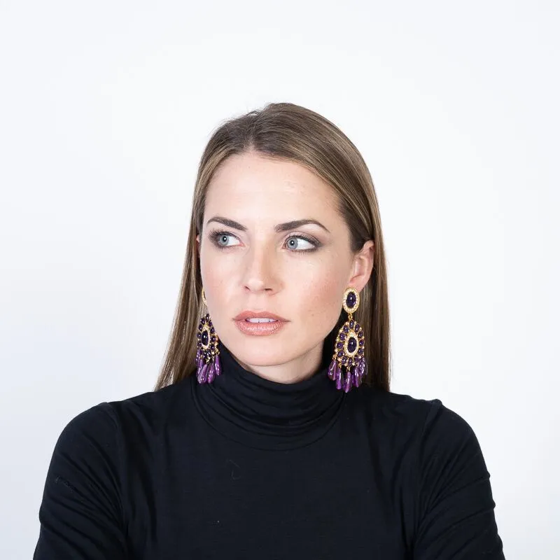 Gold & Amethyst Cabochon Drop Clip Earrings