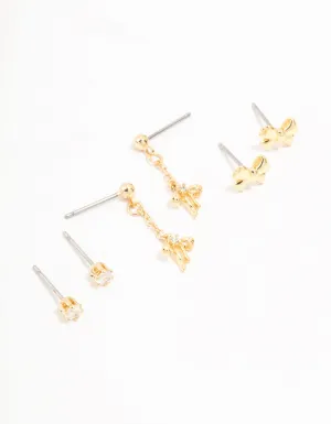 Gold Plated Mini Cubic Zirconia Bow Drop Earrings 3-Pack