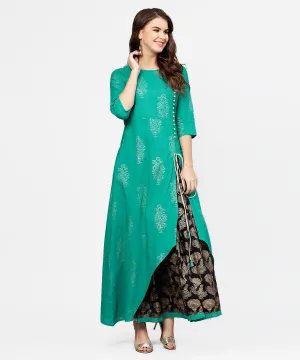 Green 3/4Th Sleeve Cotton Assymetric Kurta With Black Printed Skirt