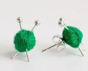 Green Knitting Ball and Needle Earrings Studs