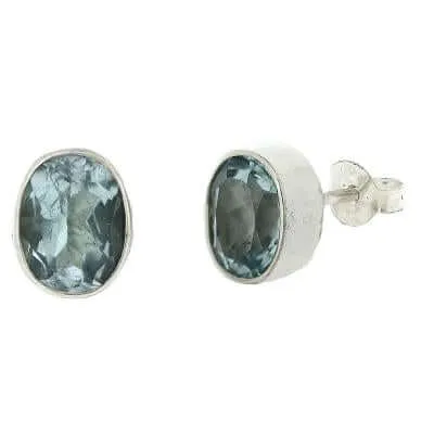 Large Oval Blue Topaz  Sterling Silver Stud Earrings