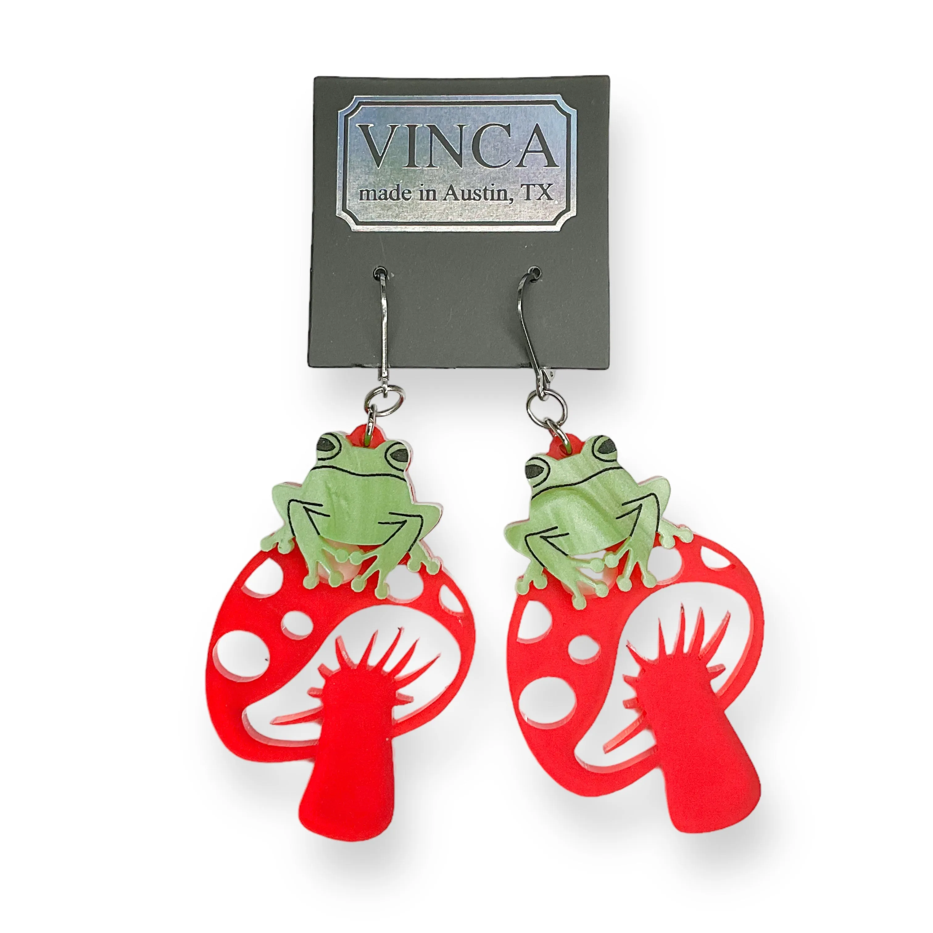 Last Chance! TOAD-ally FUN-gi Dangle Earrings on red mushrooms