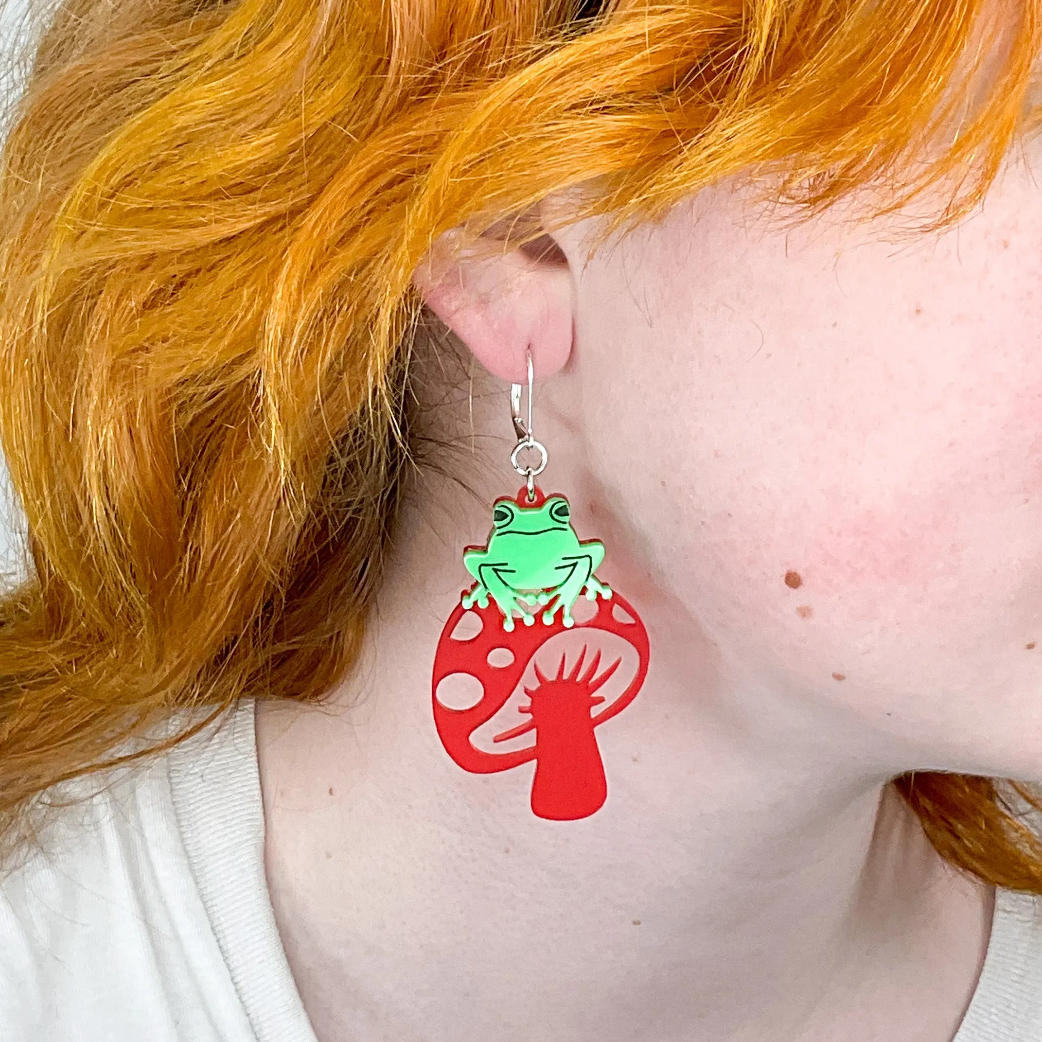 Last Chance! TOAD-ally FUN-gi Dangle Earrings on red mushrooms