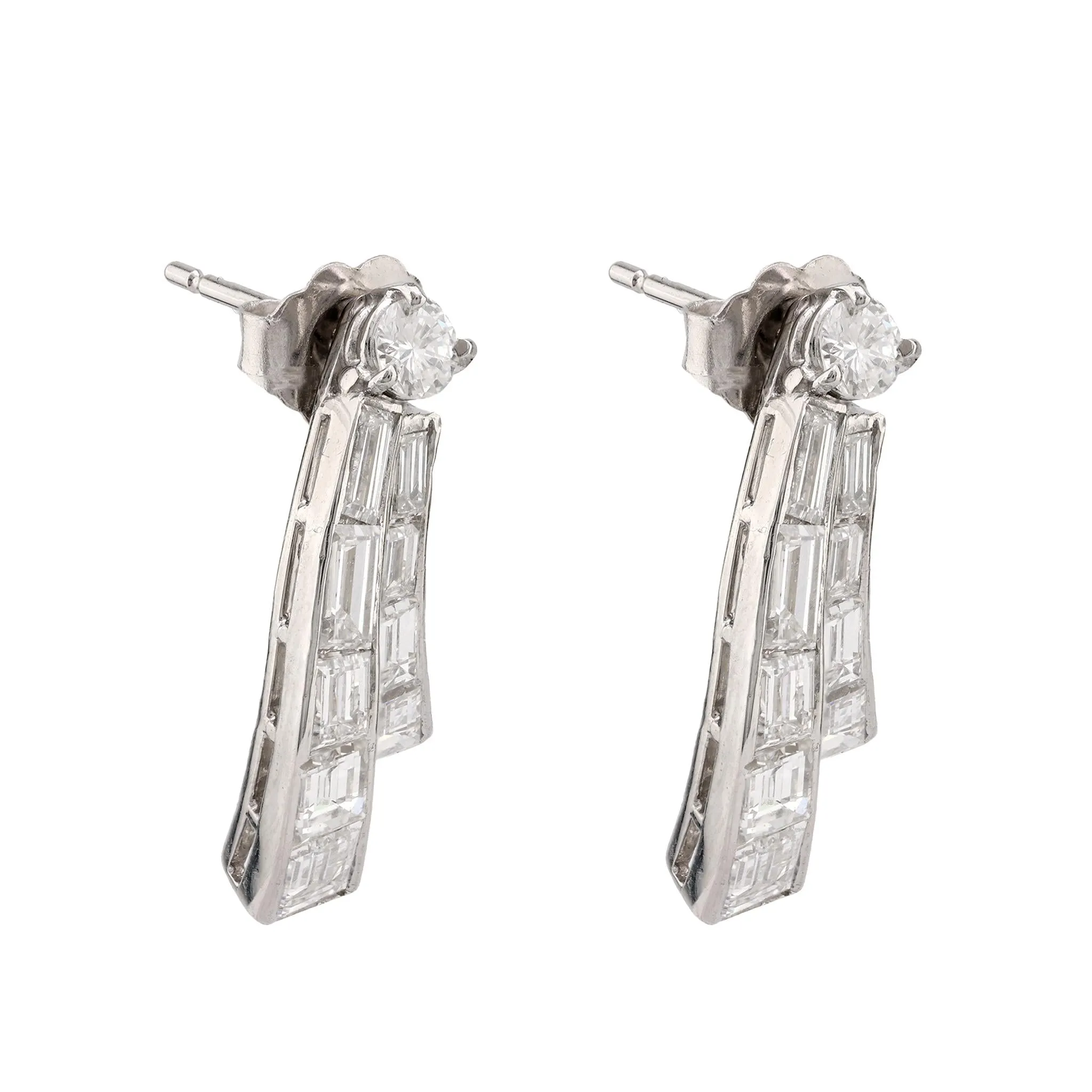 Mid Century 3 Carat Total Weight Diamond Platinum Fan Earrings