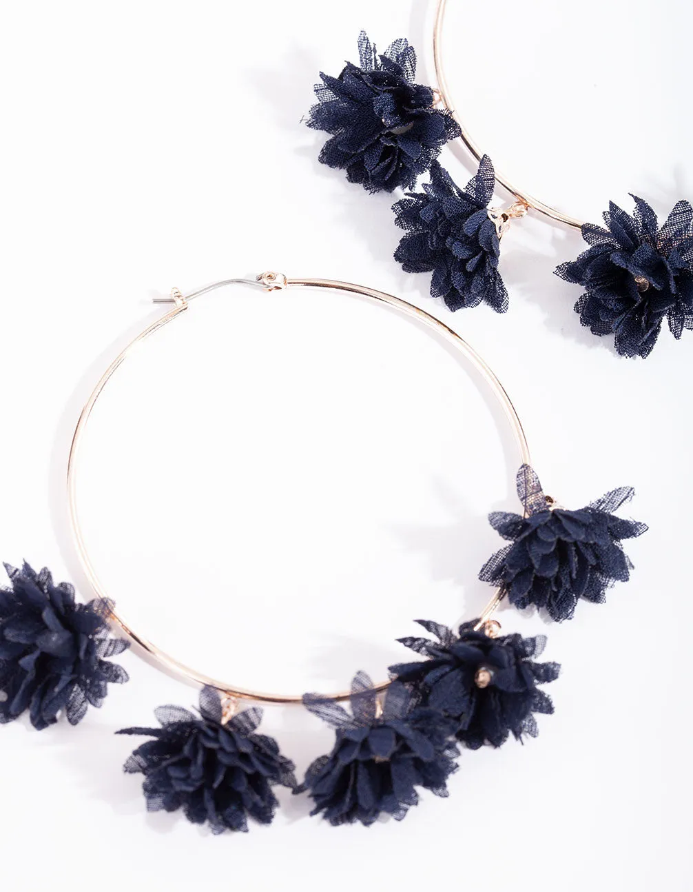 Navy Fabric Flower Hoop Earrings