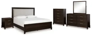 Neymorton Queen Upholstered Panel Bed with Mirrored Dresser, Chest and Nightstand in Dark Grayish Brown