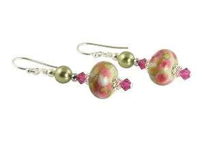 Olive Pink Lampwork Bead Earrings