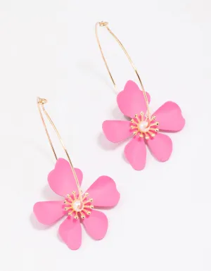 Pink Wire Flower Hoop Earrings