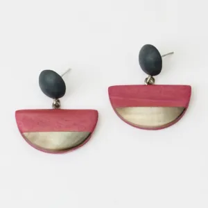 Pink Wood and Shell Half Moon Earrings