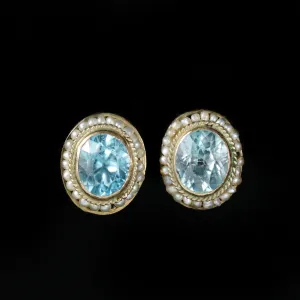 Retro 4.50 CTW Blue Zircon and Seed Pearl Stud Earrings