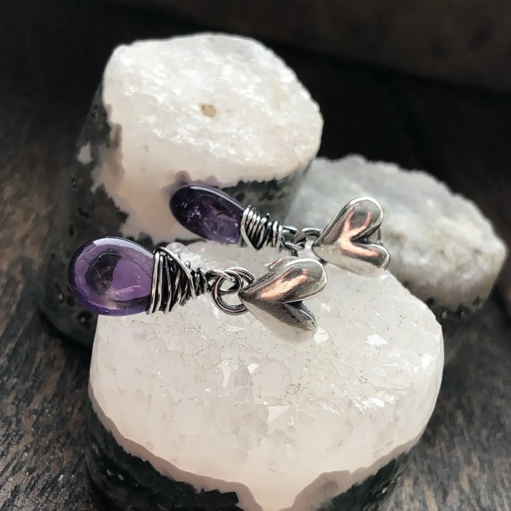 Sculpted Heart Amethyst Drop Post Earrings