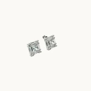 Silver Square 925 Sterling Silver Clear Stud Earrings with Luxurious Gift Box