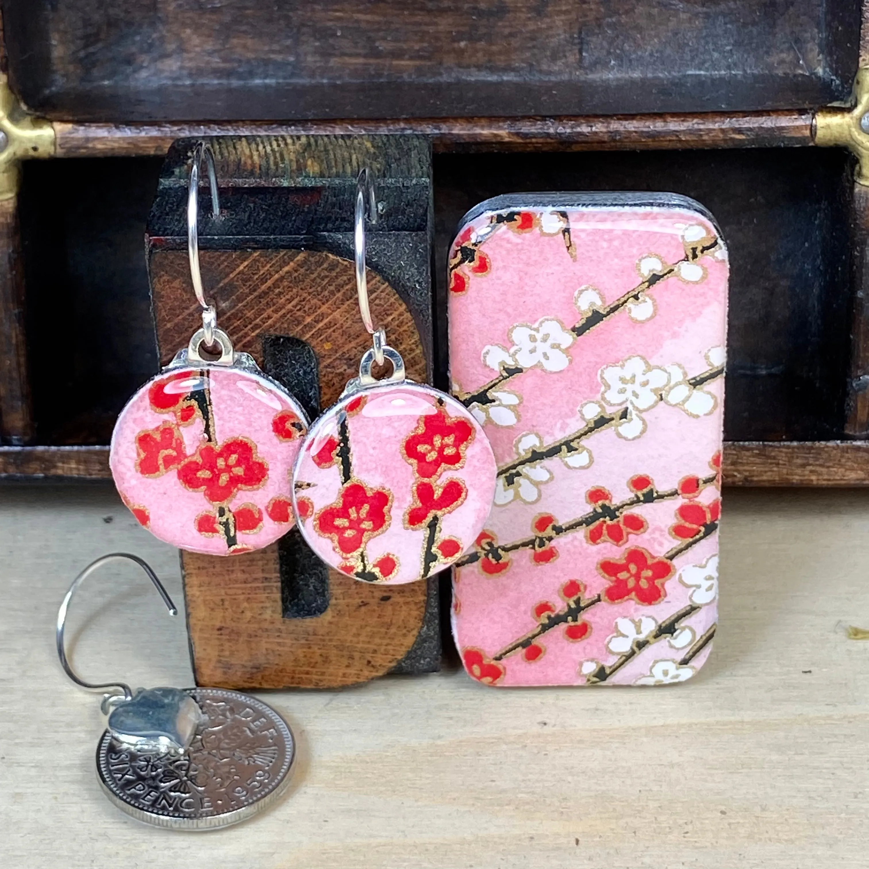 Sixpence Earrings and Teeny Tiny Tin Sunset Pink Blossom