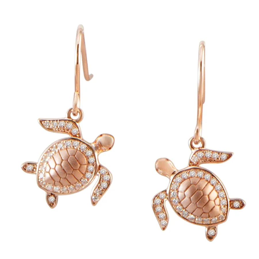 Sterling Silver Rose Gold Pave CZ Turtle Dangle Earrings