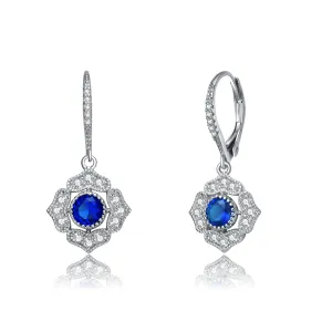 Sterling Silver Sapphire Cubic Zirconia Petal Flower Drop Earrings