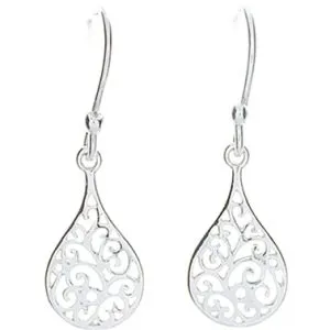 Sterling Silver Shephard Hook Drop Earrings with Teardrop Shape Filigree