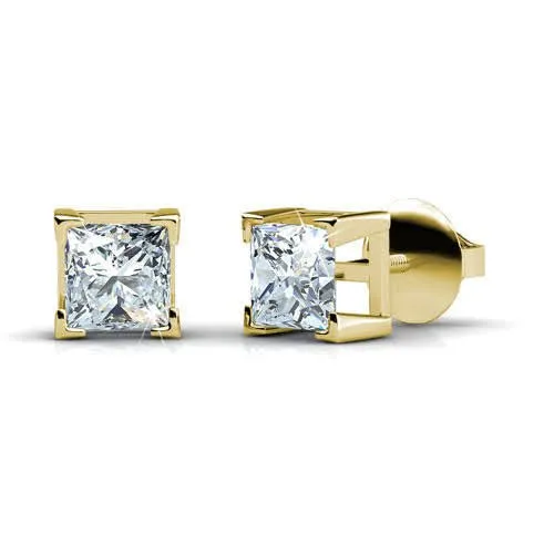 Superior 1.00CT Princess Cut Diamond Stud Earrings in 14KT Yellow Gold