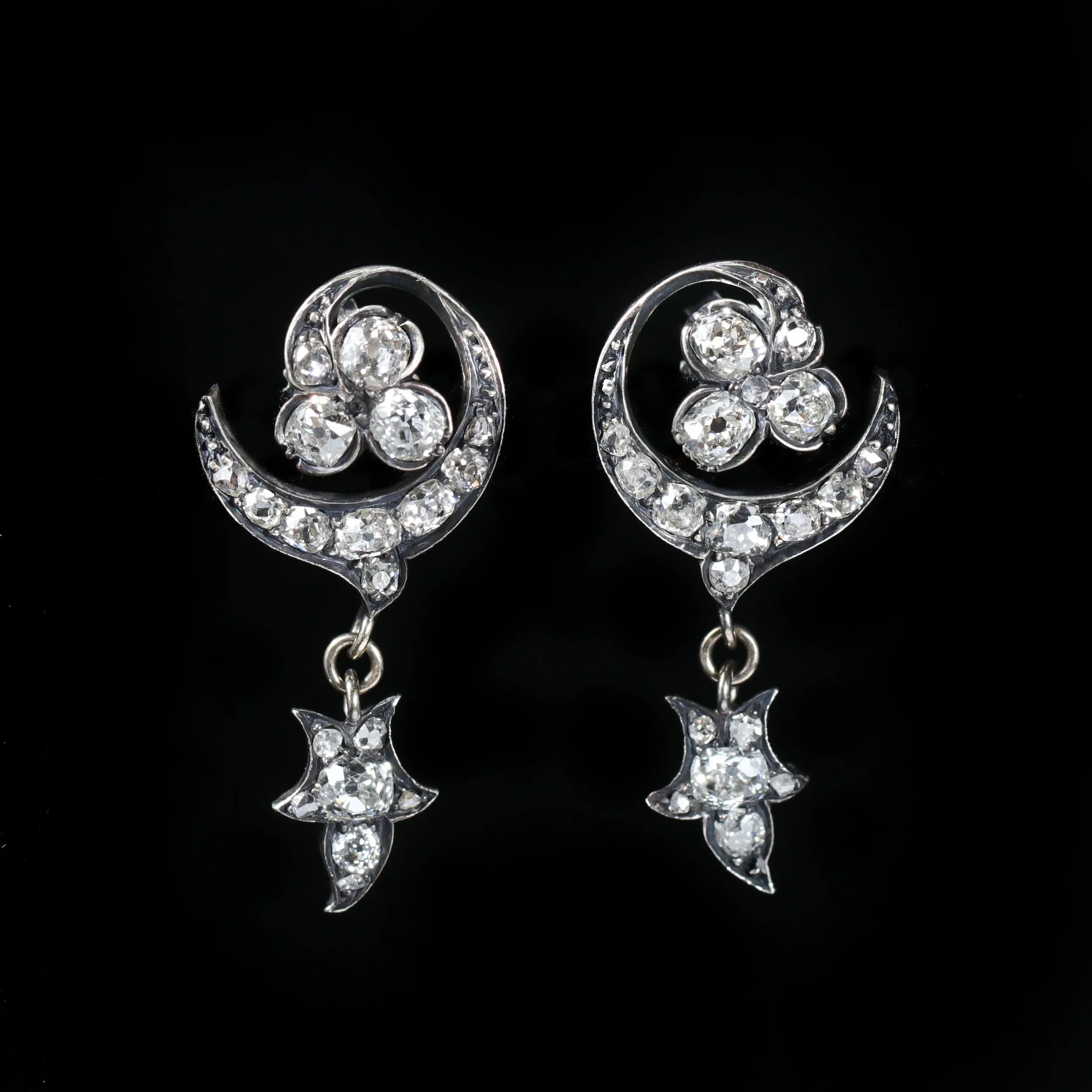 Victorian Old Mine Cut & Rose Cut Diamond Crescent Dangle Earrings