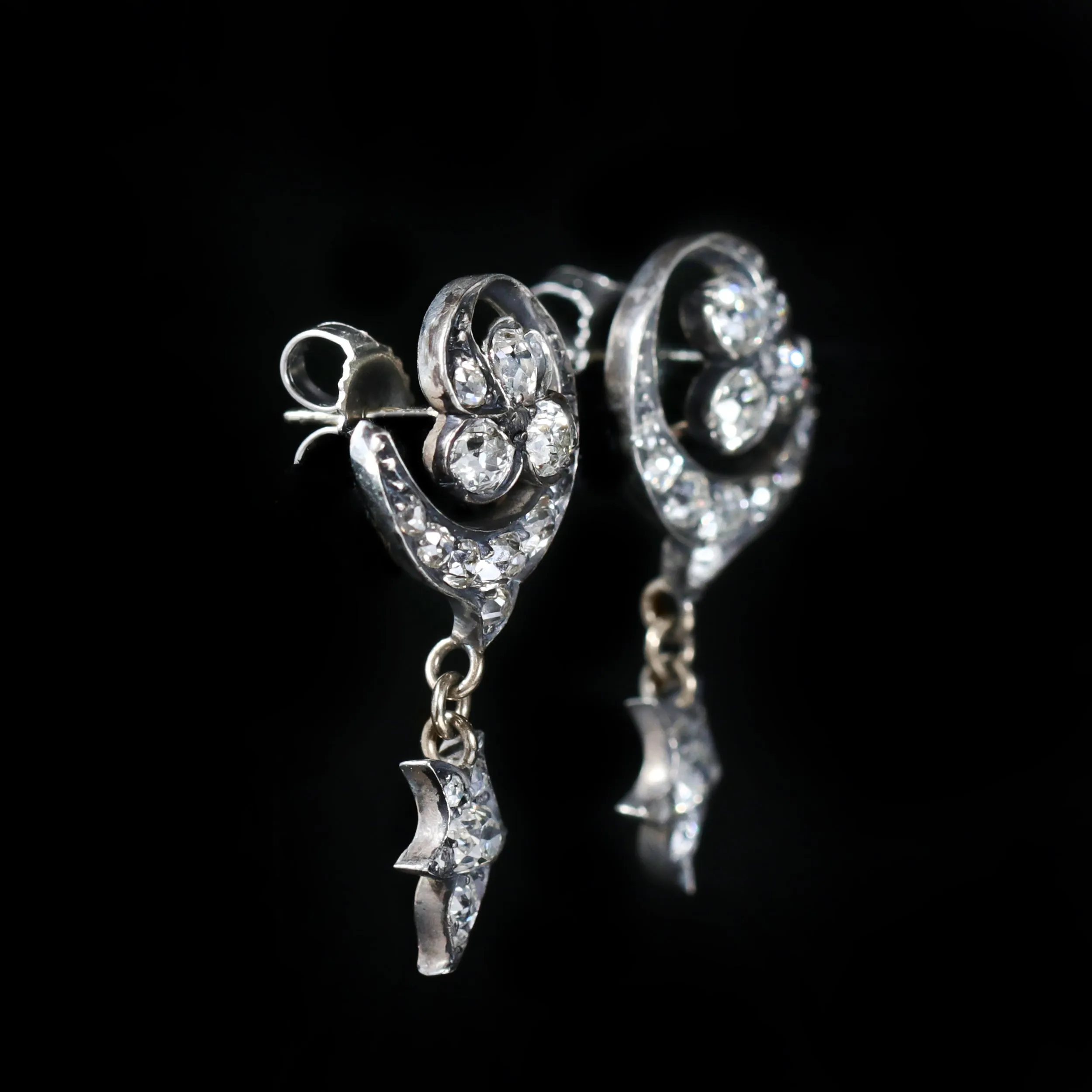 Victorian Old Mine Cut & Rose Cut Diamond Crescent Dangle Earrings